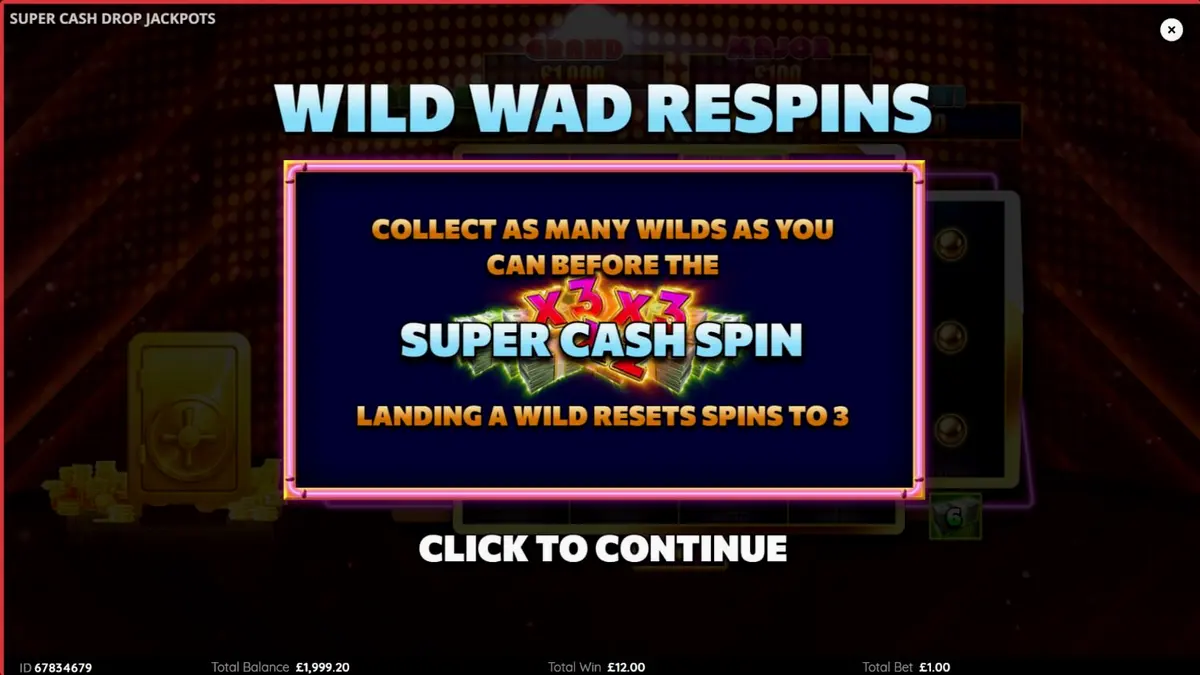 Tampilan layar slot Super Cash Drop Jackpots dengan tema brankas neon dan tumpukan uang.
