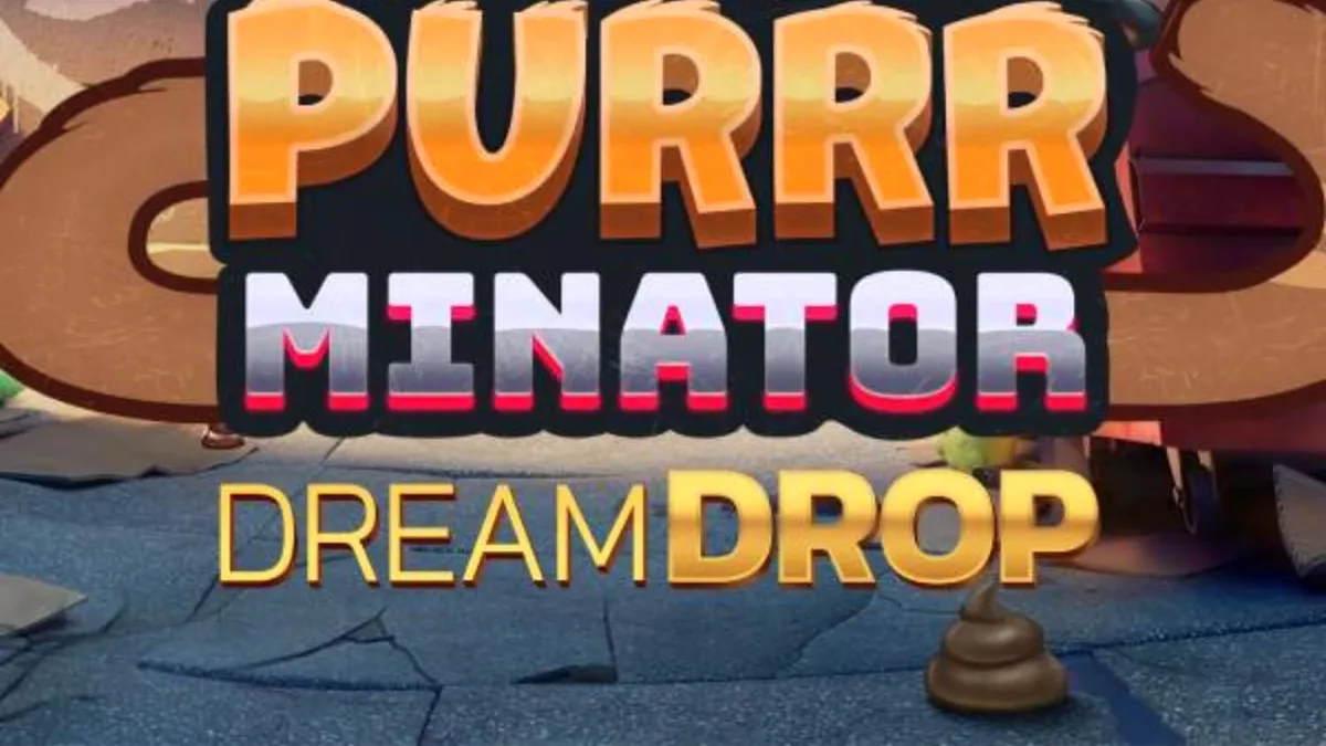 Tampilan layar permainan slot Purrrminator Dream Drop dengan tema kucing robot cyberpunk
