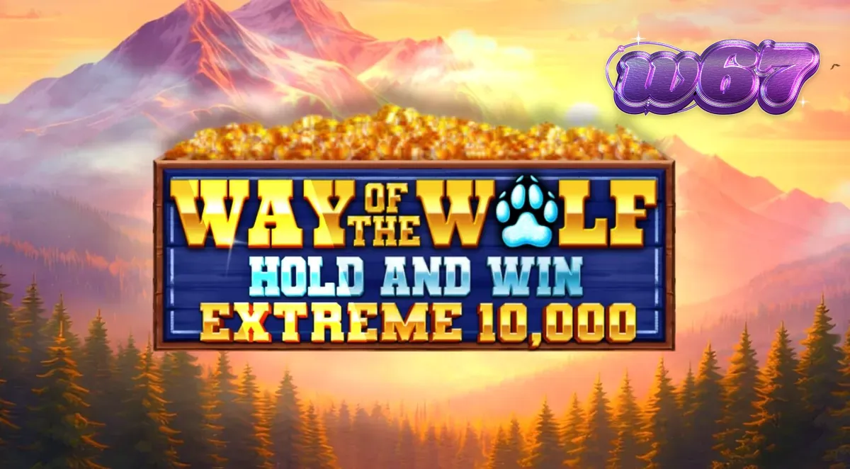 Pemandangan atmosferik slot Way of the Wolf Hold and Win Extreme 10,000 dengan tema hutan malam dan serigala.